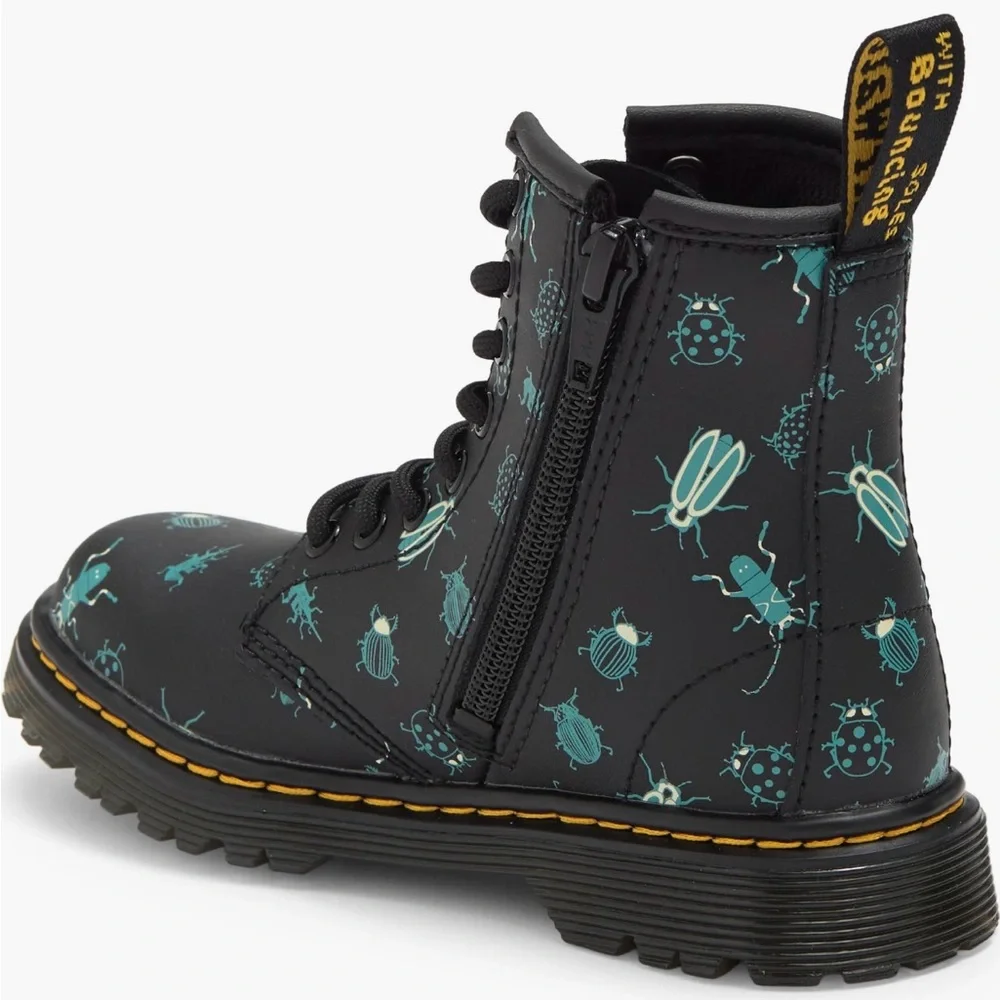 Dr. Martens Kids Black Boots with Teal Bug Print
